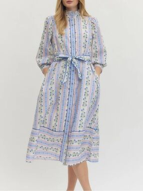 New Boho Cottagecore Blue Floral & Stripe Midi Shirt Dress with Bow tie waist